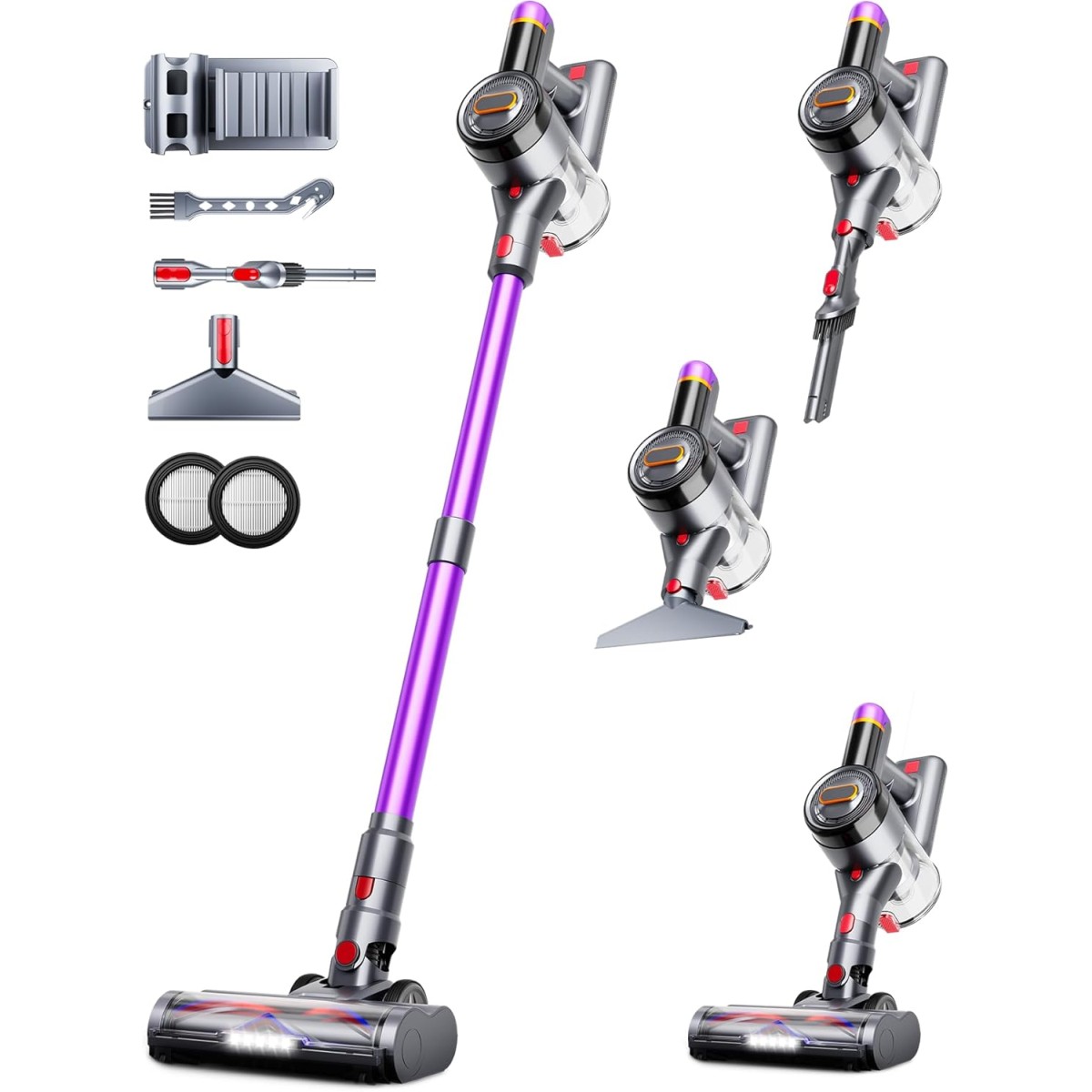 VIAFLY Cordless Vacuum Cleaner, 450W/38Kpa Stick Vacuum with Self-Standing, Anti-Tangle, LED Display, Max 55 Mins Runtime, 6 in 1 Lightweight Vacuum Rechargeable for Pet Hair Hardfloor Carpet